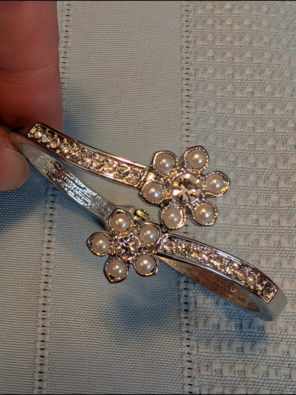 Silver Flower Pearl & Crystal Bangle Bracelet
